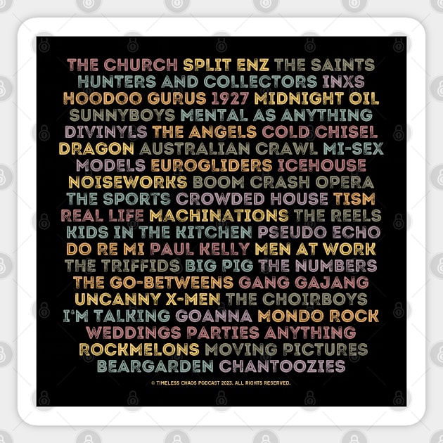 Aussie 80s Bands (Back Print) Sticker by Timeless Chaos